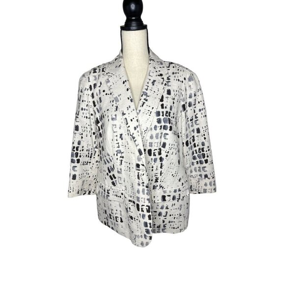 Coldwater Creek Blazer White Linen Cotton Black Pattern Button Front Lined 16 - Picture 1 of 9